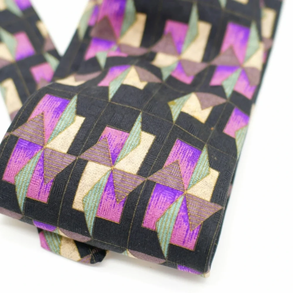 XMI Black Purple‎ Green Tan Abstract Woven Wide Silk Tie Made In USA